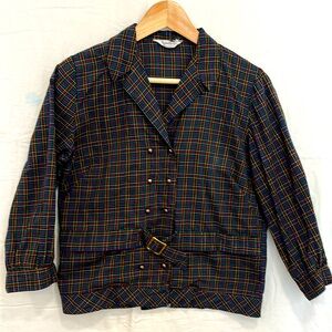 Vintage 1960s Judy Bond multicolor plaid blouse with brass buckle sz small